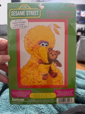 Vintage Sesame Street Friends Forever Big Bird Cross Stitch Wall Art - Yellow